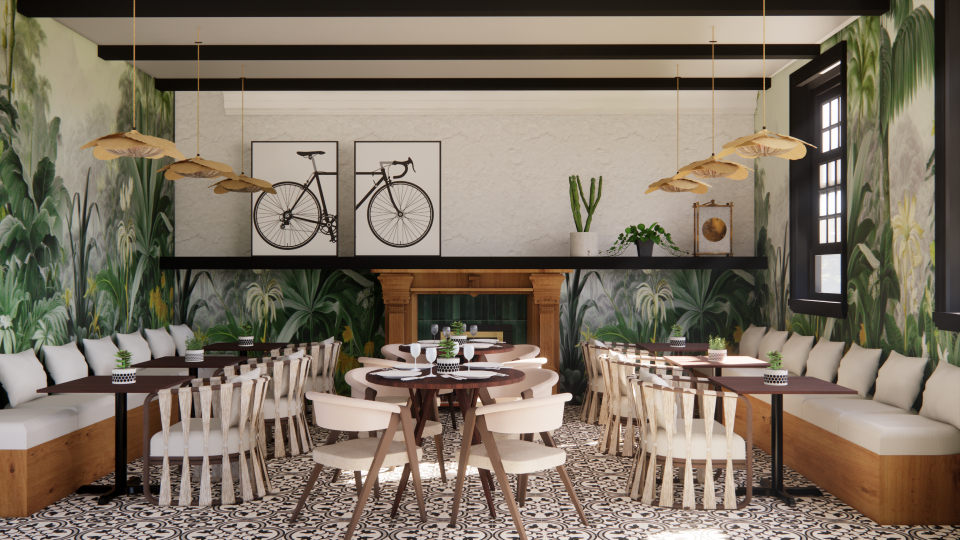 Interior rendering of a commercial dining space, contempory and sophisticated