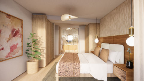 Contemporary bedroom interior with a large bed dressed in white linens and neutral accents, wooden headboard, pendant lights, and textured wallpaper, complemented by a tall plant, abstract artwork, and a warm vanity area beyond.