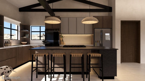 Modern open-plan kitchen with a dark island, light wood cabinets, pendant lighting, and exposed ceiling beams.