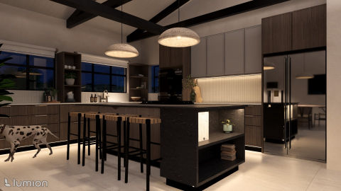 Modern kitchen with dark wood cabinets, a spacious island with bar stools, elegant pendant lighting, and a Dalmatian dog in the foreground, showcasing a luxurious and functional design.