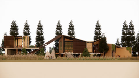 A modern, angular house with warm wooden cladding and large glass windows, nestled amongst tall pine trees and natural grasses, creating a harmonious blend of contemporary design and natural surroundings. Ideal inspiration for integrating nature into modern interior design.