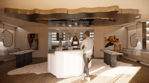 Modern store interior with a striking, organically shaped ceiling feature and a sleek, white reception desk, complemented by minimalist display tables and abstract art in a light-filled space.