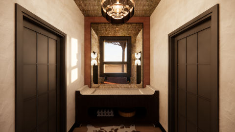 A warm, rustic modern hallway featuring dark wooden doors flanking a console table with a textured ceiling light, a large mirror reflecting a window, and a cowhide rug accentuating the floor.