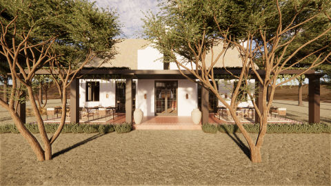Architectural rendering showcasing a contemporary building with Cape Dutch influences, featuring a covered patio and natural landscaping.
