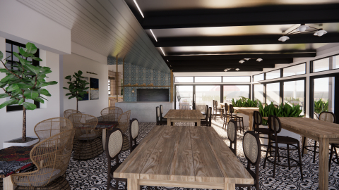 Modern café interior with wood furniture, patterned tile floors, and natural light from large windows.